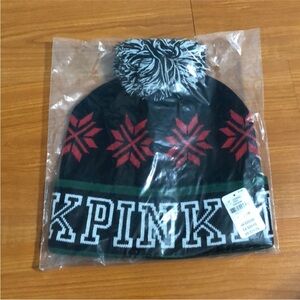 PINK Victoria's Secret Black and White Snowflake Beanie